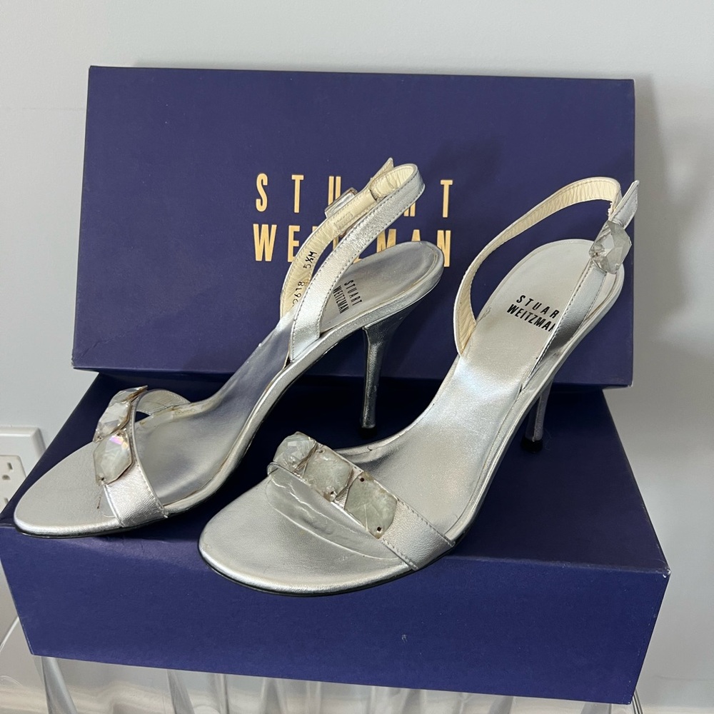 Stuart Weitzman Metallic Silver Slingback Heels size 4”